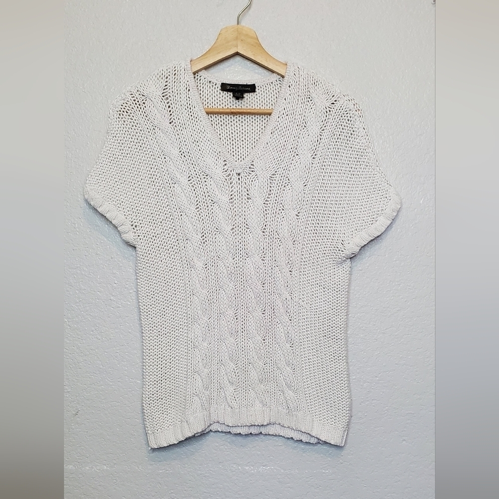 💚5/$25 Tommy Bahama Women's White Cotton Short Sleeve Cable Knit Sweater